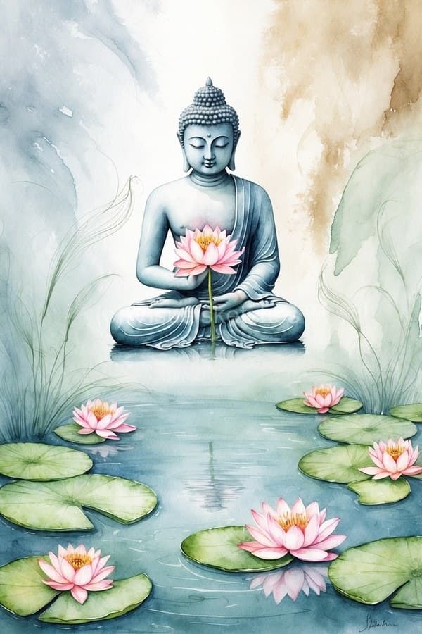 900 Visualsketches™ Default Buddha holding a delicate pale pink lotus — Sacred Buddha art print by RP Sketches
