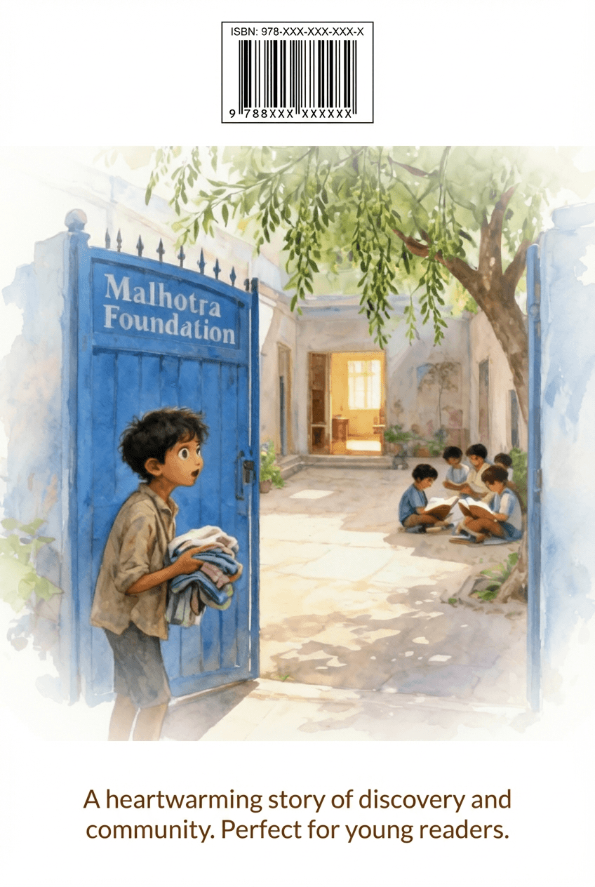 Santu at the open blue gate of the Malhotra Foundation, watching children read in the courtyard