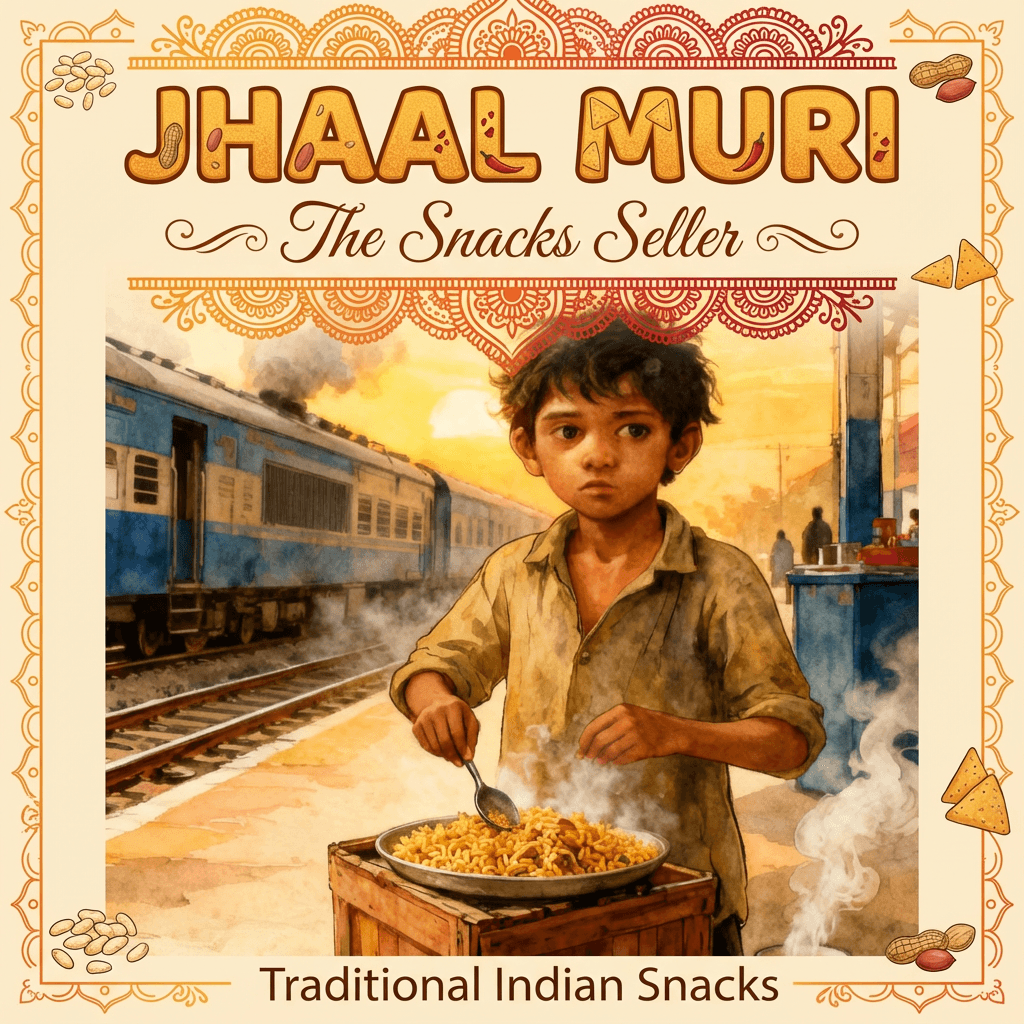 Santu serving jhaal muri from his cart as a train pulls into the platform at sunrise