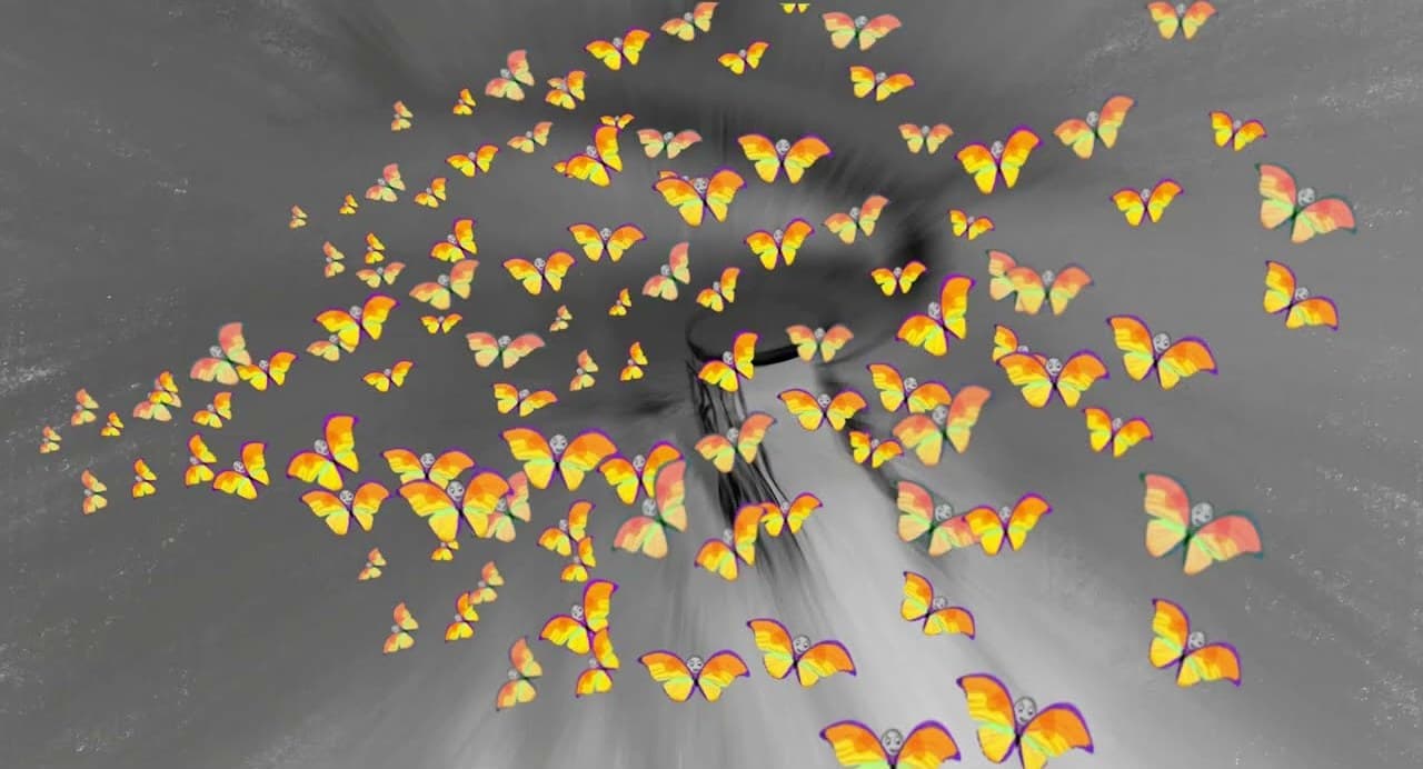A grey vortex filling with hundreds of orange butterflies — the closing image of the Braintegration film.